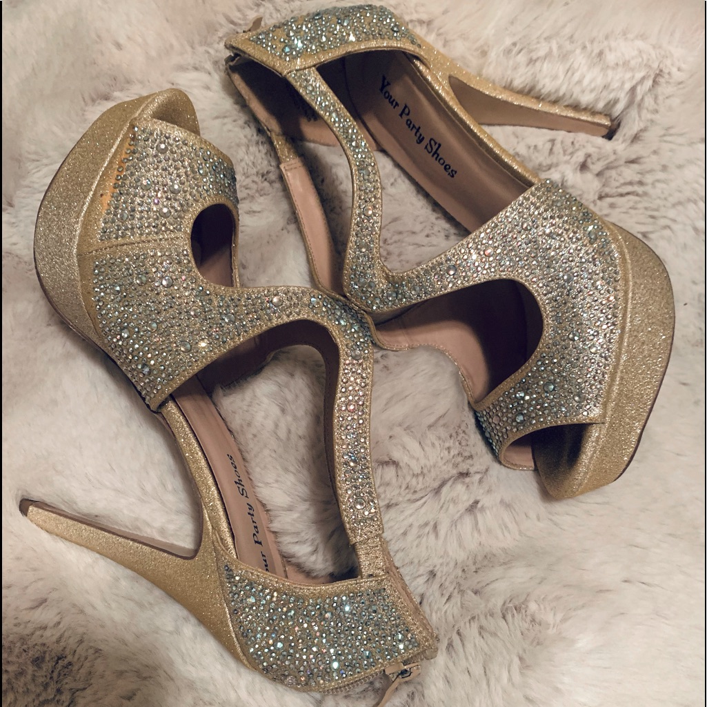 Price Drop!! Platform Heels. Champagne Gold With Iridescent Beading. Size 8 1/2.